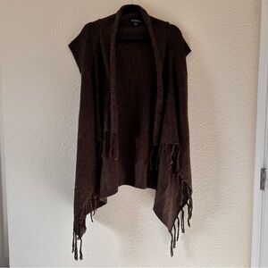 David Kahn Women Medium Knit Cardigan Brown Short Sleeve Fringe Waterfall Open